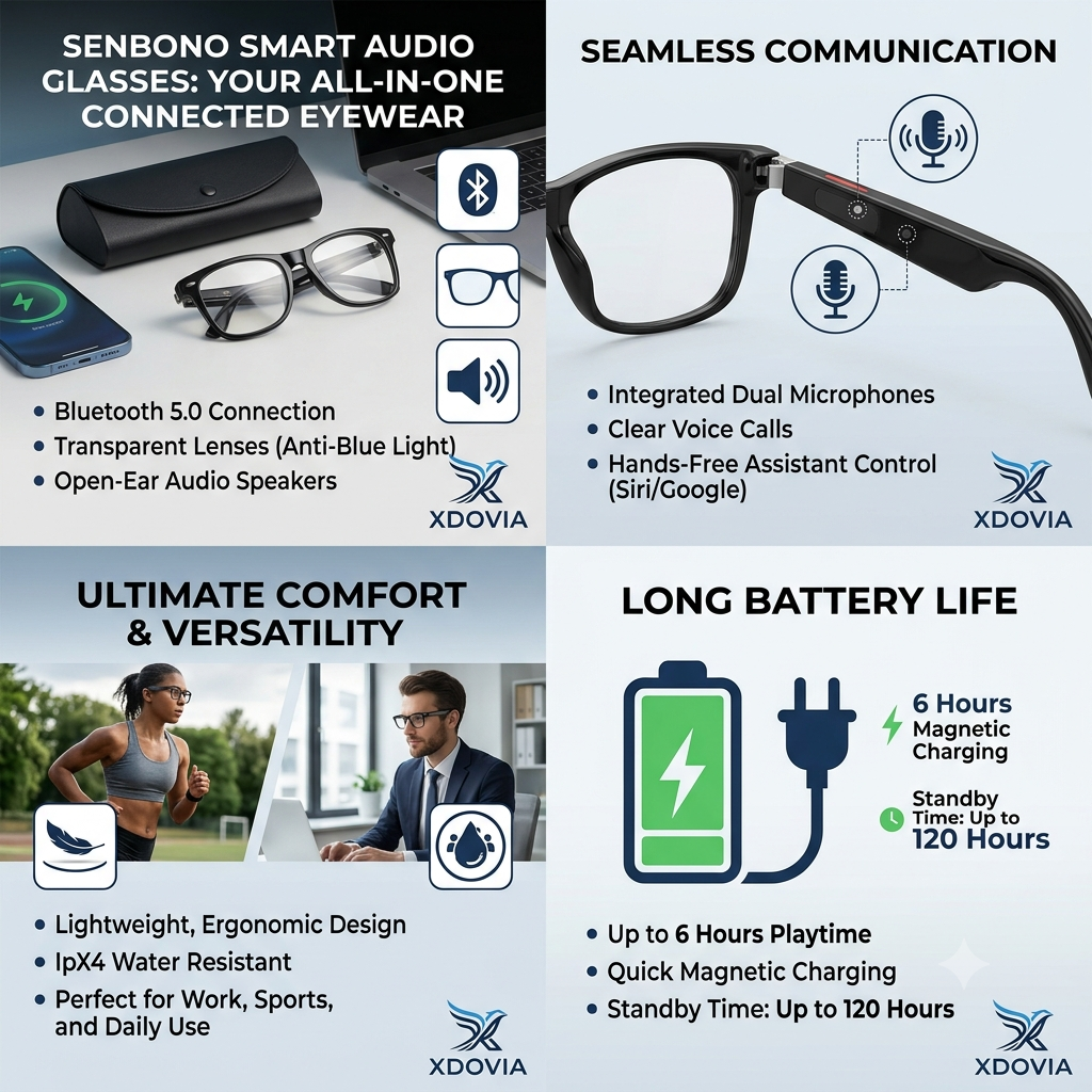 Senbono Smart Audio Glasses 2026: Bluetooth Eyewear with Mic & Clear Lens